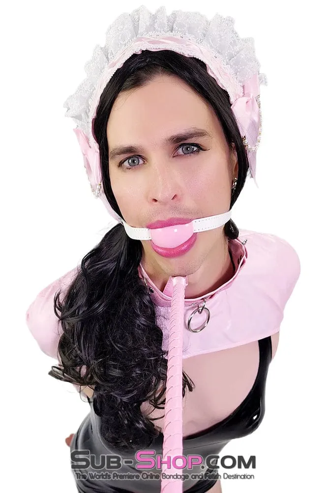 0445DL-SIS      Pink Pretty Sissy Slave Rubber Ballgag on BDSM Mistress White Strap