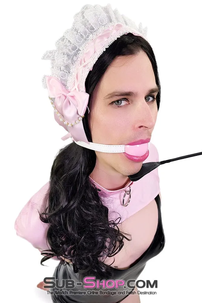 0445DL-SIS      Pink Pretty Sissy Slave Rubber Ballgag on BDSM Mistress White Strap