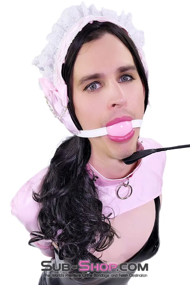 0445DL-SIS      Pink Pretty Sissy Slave Rubber Ballgag on BDSM Mistress White Strap