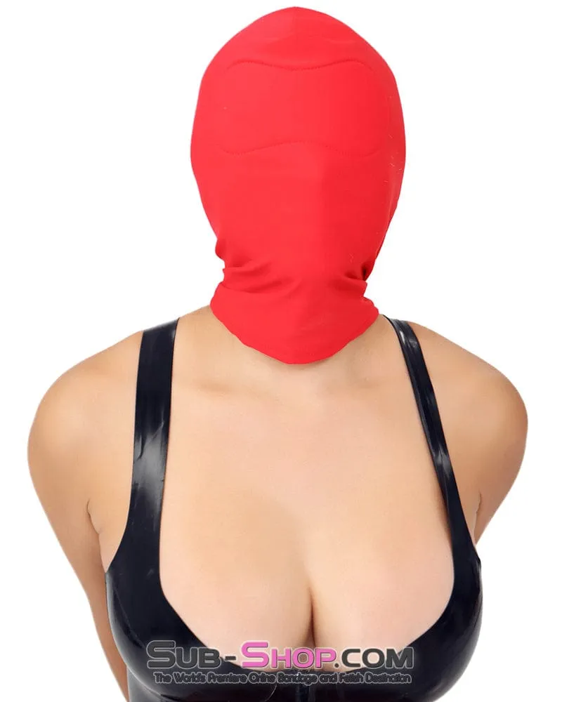 1768M      Concealed Lust Red Spandex Comfort Bondage Hood with Padded Blindfold