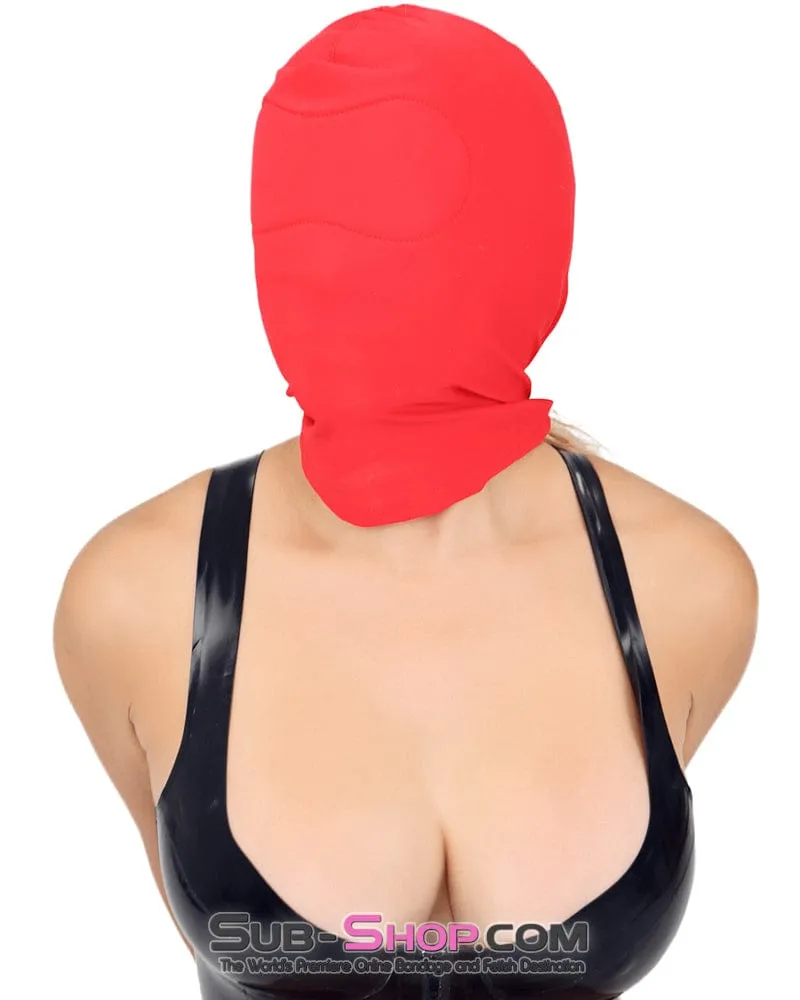 1768M      Concealed Lust Red Spandex Comfort Bondage Hood with Padded Blindfold