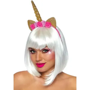 Bentiță LEG AVENUE Unicorn Flower Headband. design cu corn de unicorn și flori. culoare auriu cu roz