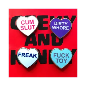 Geeky & Kinky Heart Pin 4-Pack (Cum Slut. Dirty Whore. Freak. Fuck Toy)