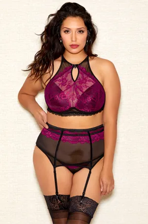 Halter Bra Set in Raspberry- Plus Size