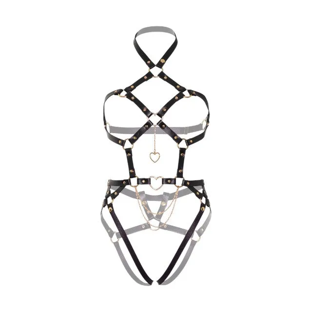 Ham feminin KINK Heart Ring Harness Teddy. design cu lanțuri și inimi din metal aurii. cu chilot detașabil. culoare negru. mărime S