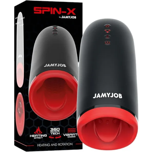 Masturbator automat JAMYJOB Spin-X. funcție de încălzire și rotație 360°. 3 funcții de vibrație. rezistent la apă. negru cu roșu