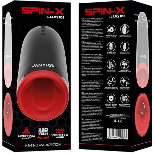 Masturbator automat JAMYJOB Spin-X. funcție de încălzire și rotație 360°. 3 funcții de vibrație. rezistent la apă. negru cu roșu