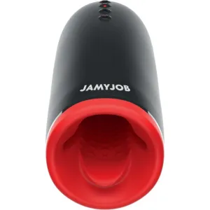 Masturbator automat JAMYJOB Spin-X. funcție de încălzire și rotație 360°. 3 funcții de vibrație. rezistent la apă. negru cu roșu