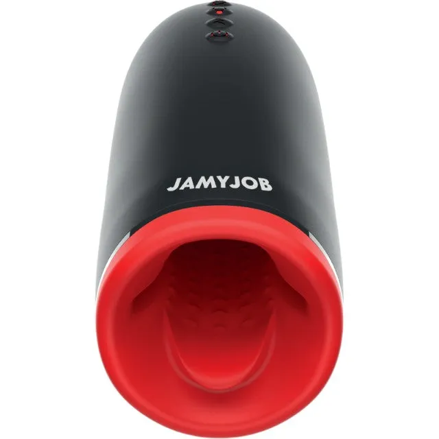 Masturbator automat JAMYJOB Spin-X. funcție de încălzire și rotație 360°. 3 funcții de vibrație. rezistent la apă. negru cu roșu