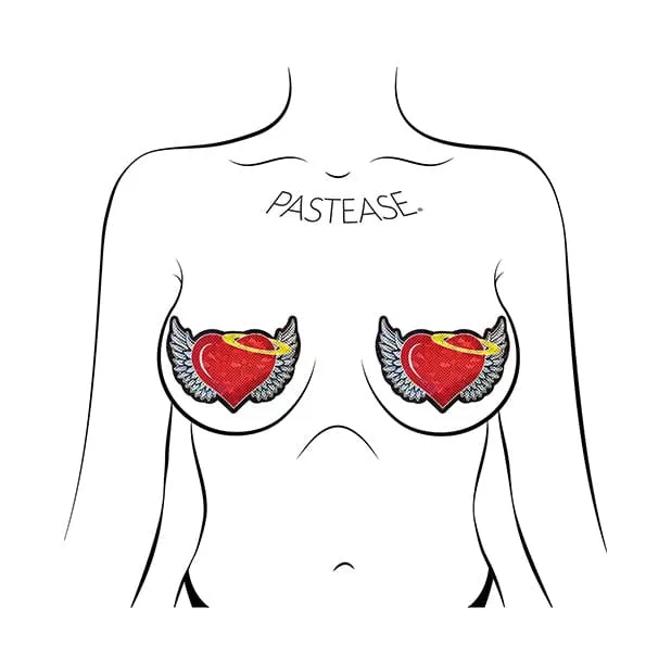 Pastease - Premium Angel Glitter Heart with Wings and Halo Pasties Nipple Covers O/S (Red)